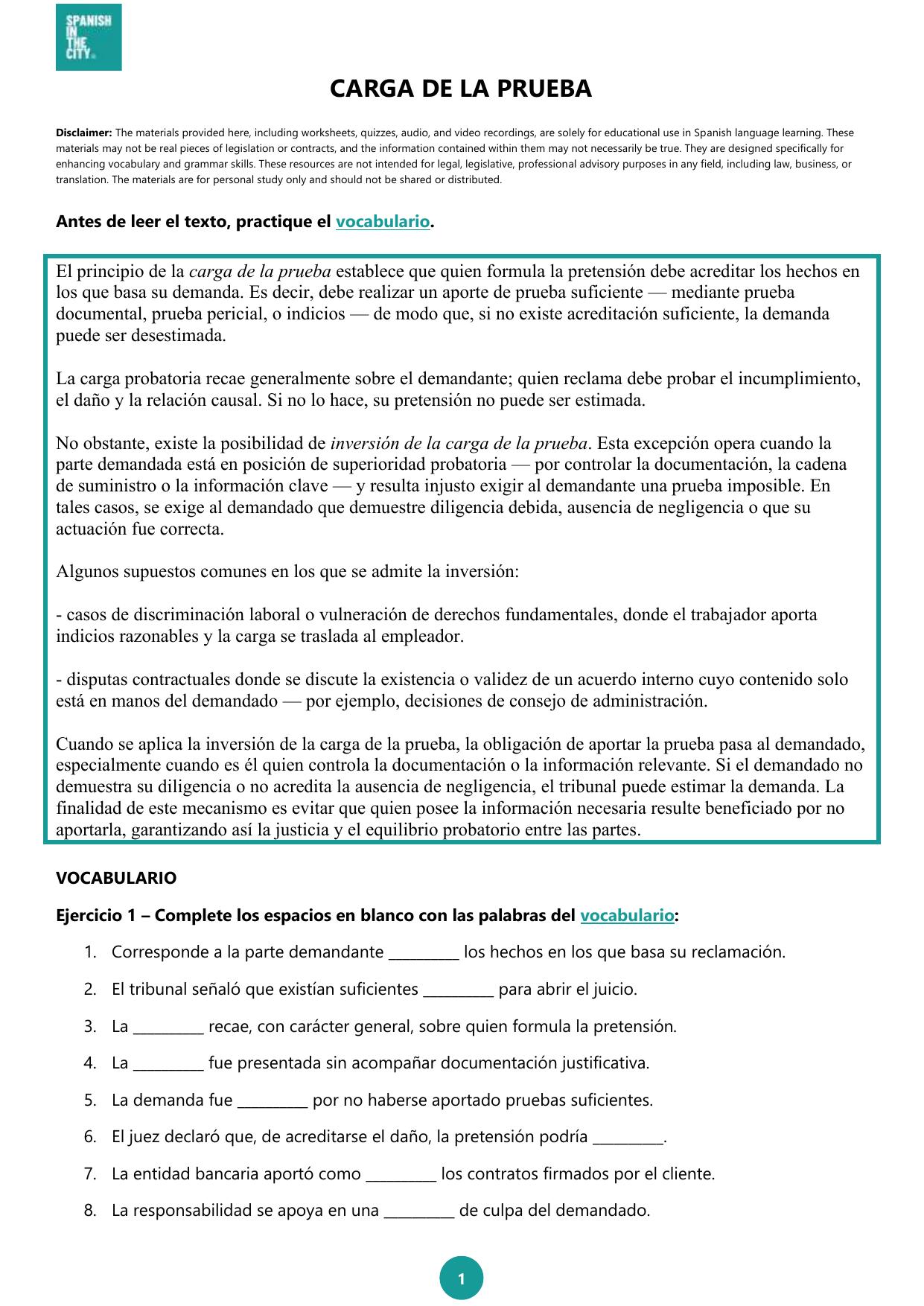 Carga de la prueba | Spanish B2 Lesson on Conditionals in a Legal Context 3 Carga de la prueba | Spanish B2 Lesson on Conditionals in a Legal Context - Image 2