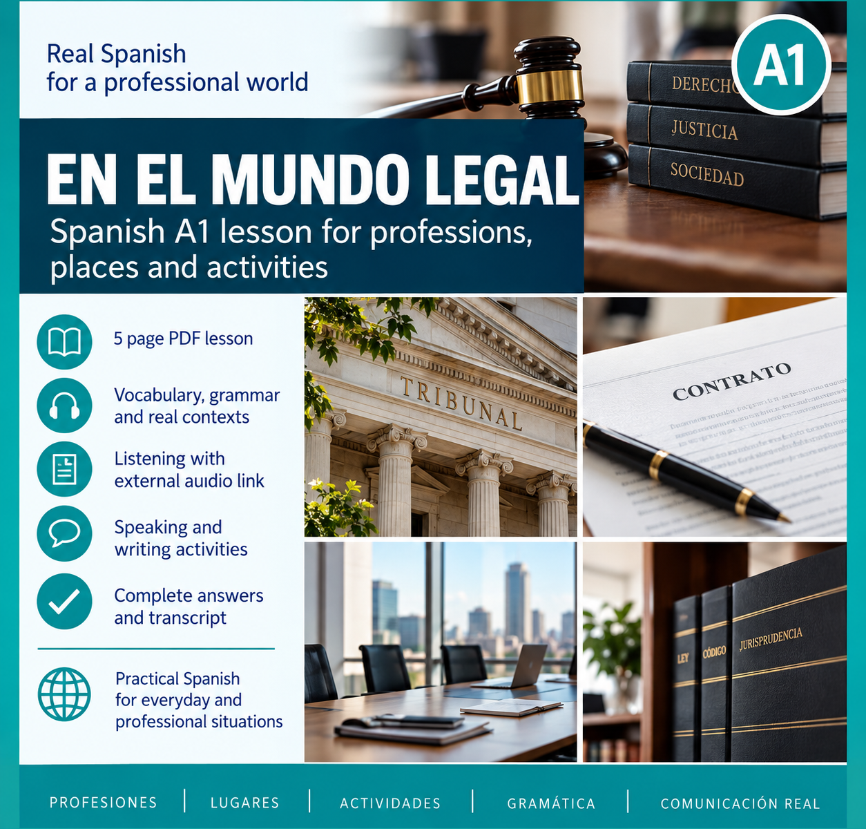 En el mundo legal | Spanish A1 lesson | Professions, places and activities 1 ChatGPT Image Sep 15 2026 05 59 42 PM