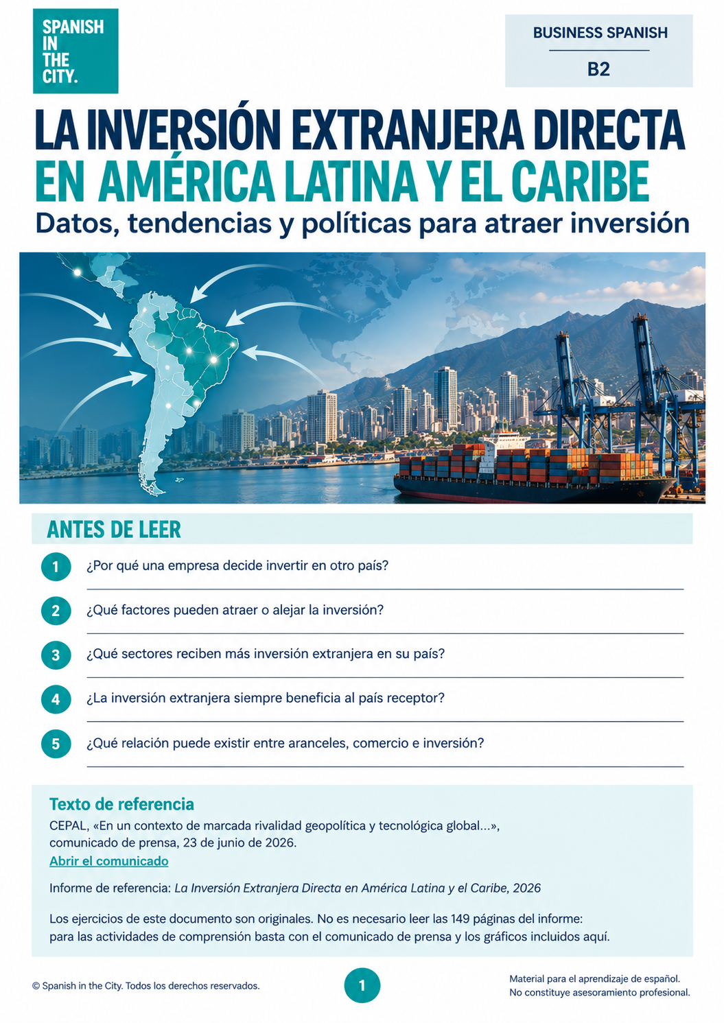 La Inversión Extranjera Directa en América Latina. Business Spanish B2 Lesson + Answers (PDF) 2 La Inversión Extranjera Directa en América Latina. Business Spanish B2 Lesson + Answers (PDF)