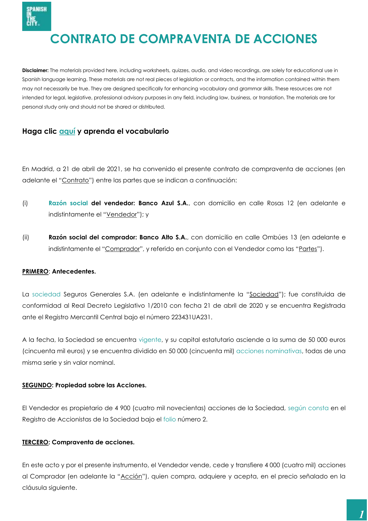 Contrato de compraventa de acciones. Legal Spanish B2–C1 (PDF) 2 Contrato de compraventa de acciones. Legal Spanish B2–C1 (PDF)