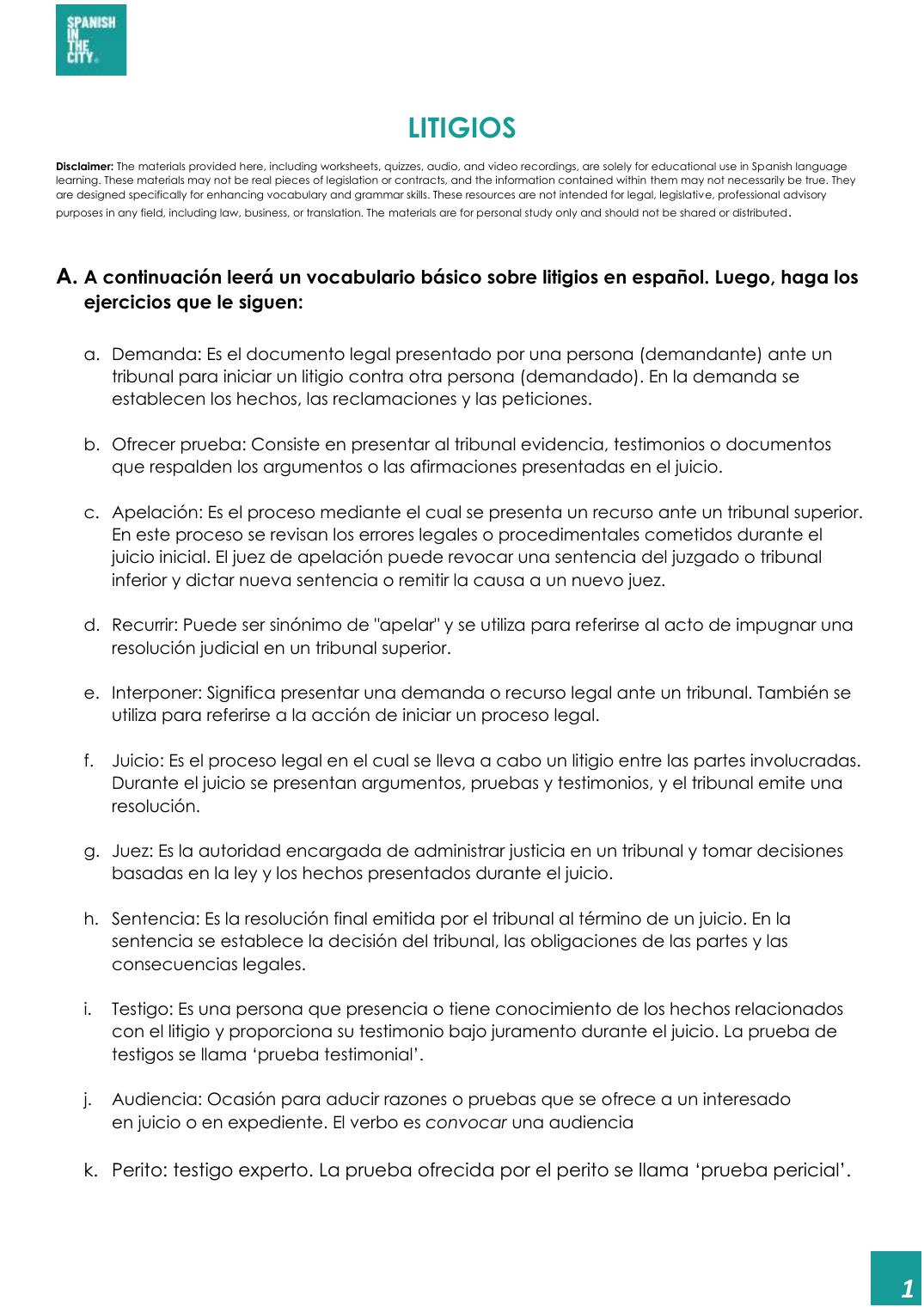 Litigios | Spanish A2 B1 Lesson with Listening, Vocabulary and Past Tenses 3 Litigios | Spanish A2 B1 Lesson with Listening, Vocabulary and Past Tenses - Image 2