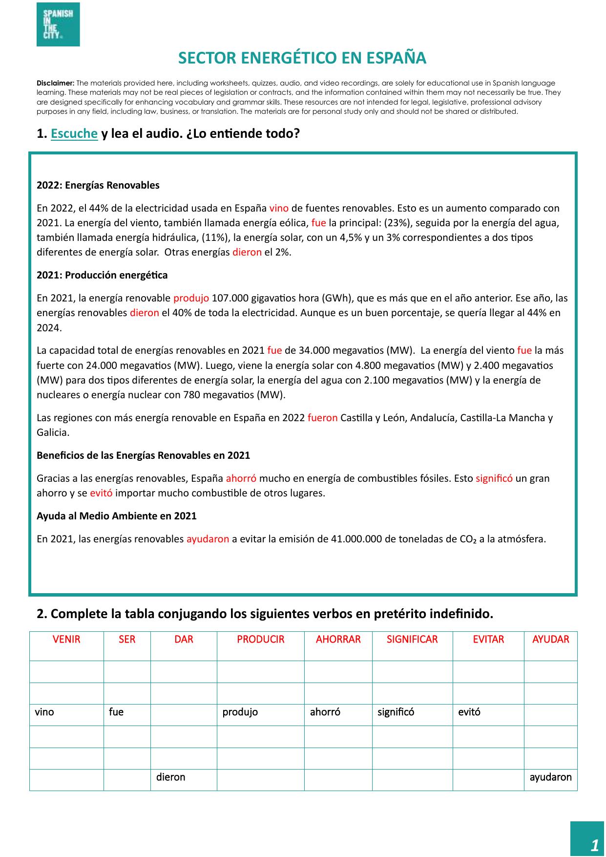 Sector energético en España | Spanish A2 Lesson on the Pretérito Indefinido 3 Sector energético en España | Spanish A2 Lesson on the Pretérito Indefinido - Image 2