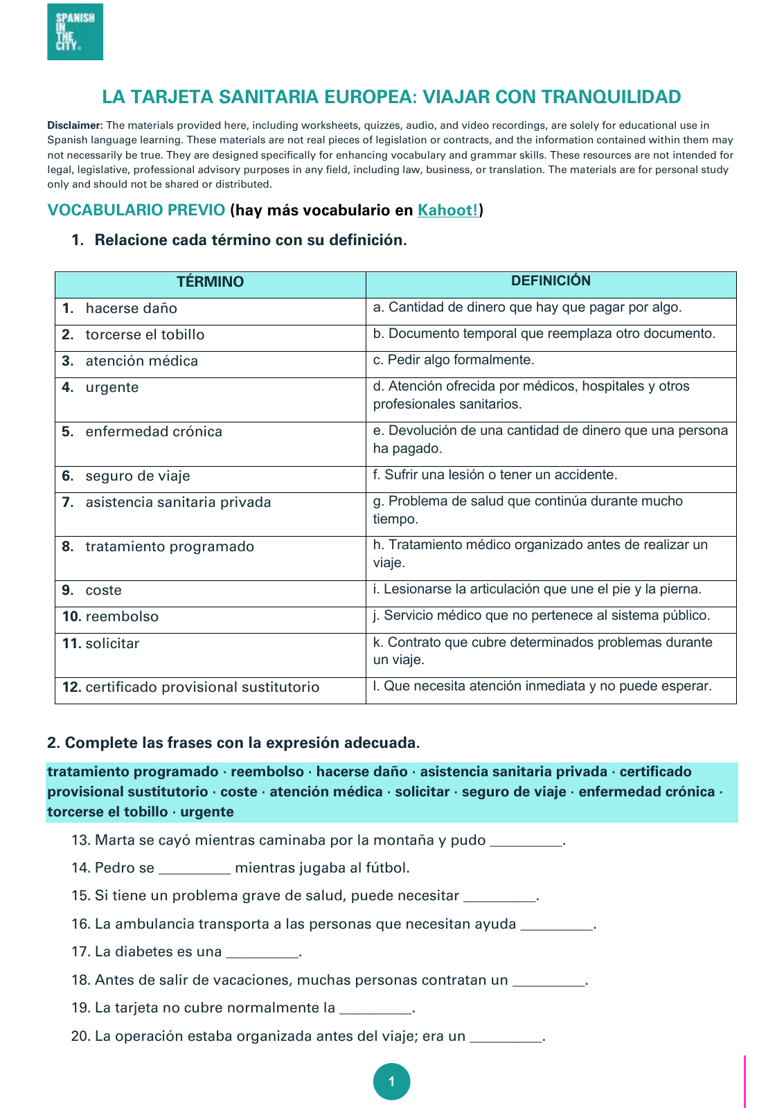 Tarjeta Sanitaria Europea. Spanish A2 Lesson with Answers (PDF) 2 Tarjeta Sanitaria Europea. Spanish A2 Lesson with Answers (PDF)