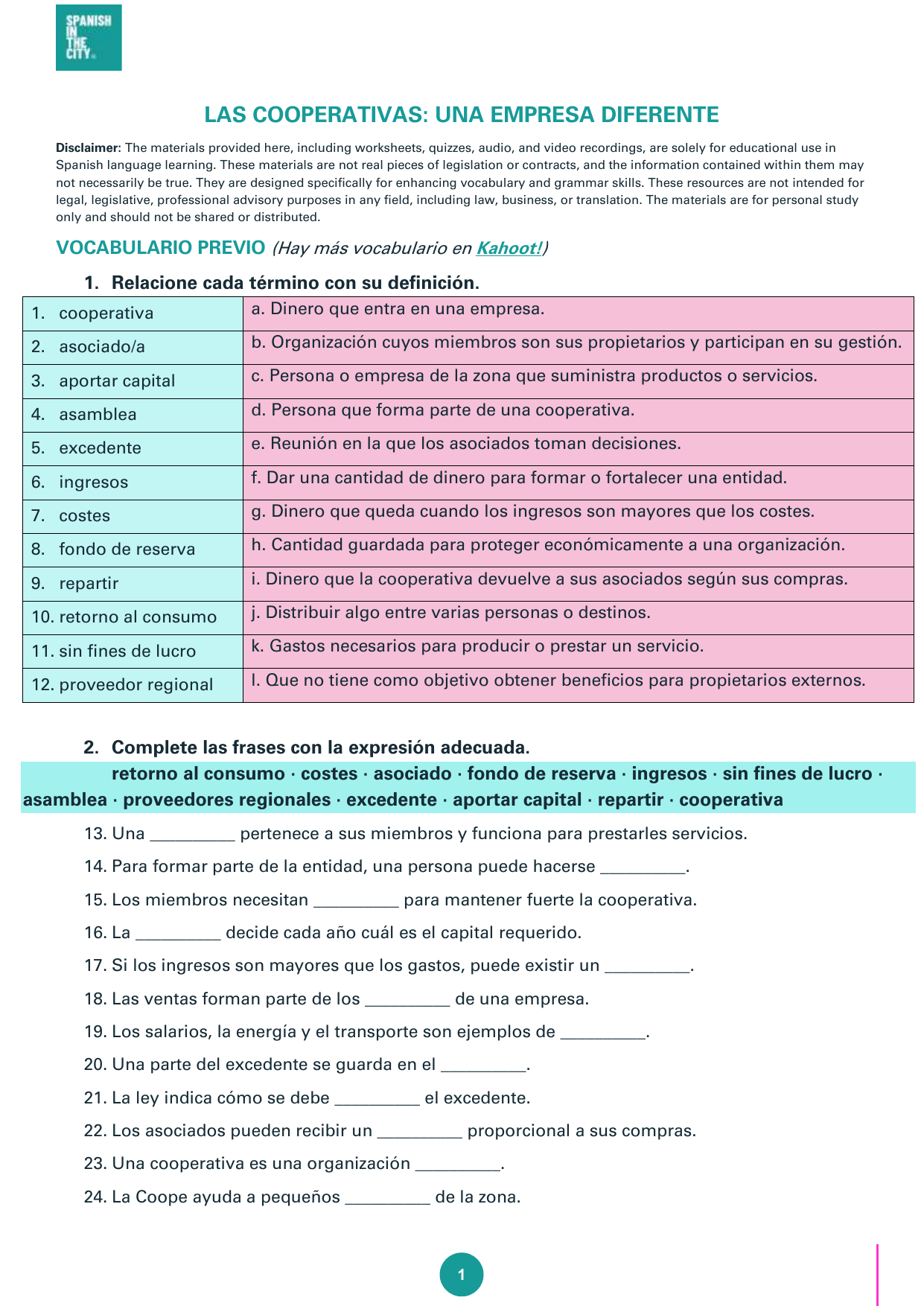 Cooperativas: Una empresa diferente. Spanish B1 Lesson + Answers (PDF) 3 Cooperativas: Una empresa diferente. Spanish B1 Lesson + Answers (PDF) - Image 2