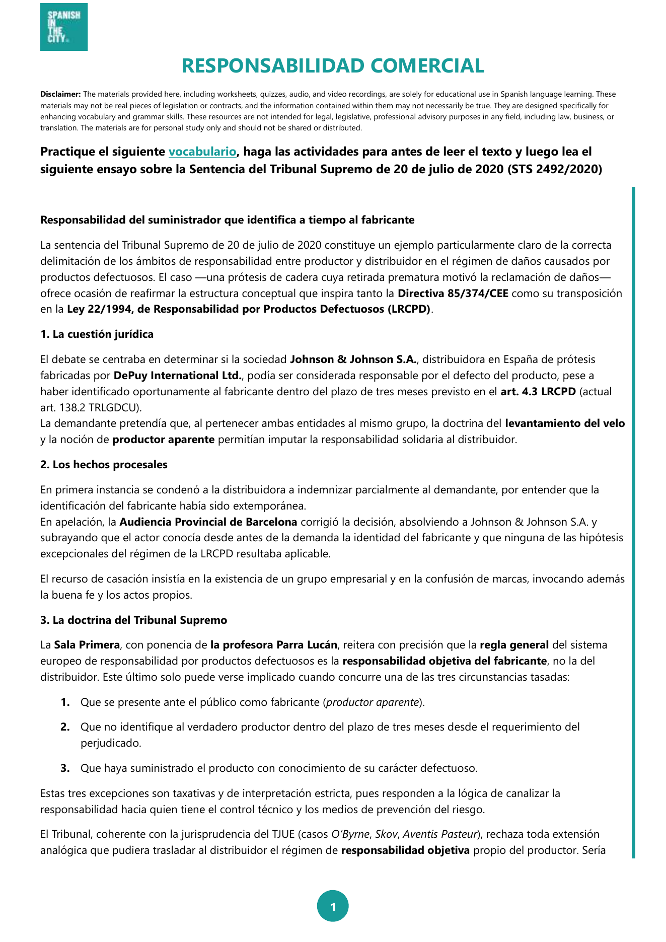 Responsabilidad comercial | Spanish C1 Legal Spanish Lesson on Product Liability 3 Responsabilidad comercial | Spanish C1 Legal Spanish Lesson on Product Liability - Image 2