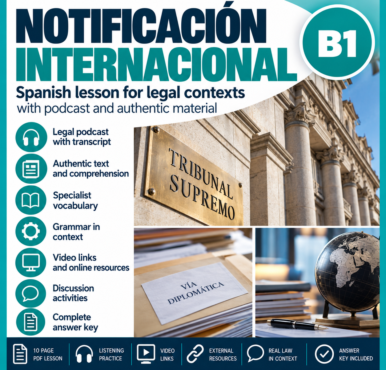 Notificación internacional | Spanish B1 Lesson with Podcast and Interactive Links 1 Notificacion Internacional Legal Spanish Lesson