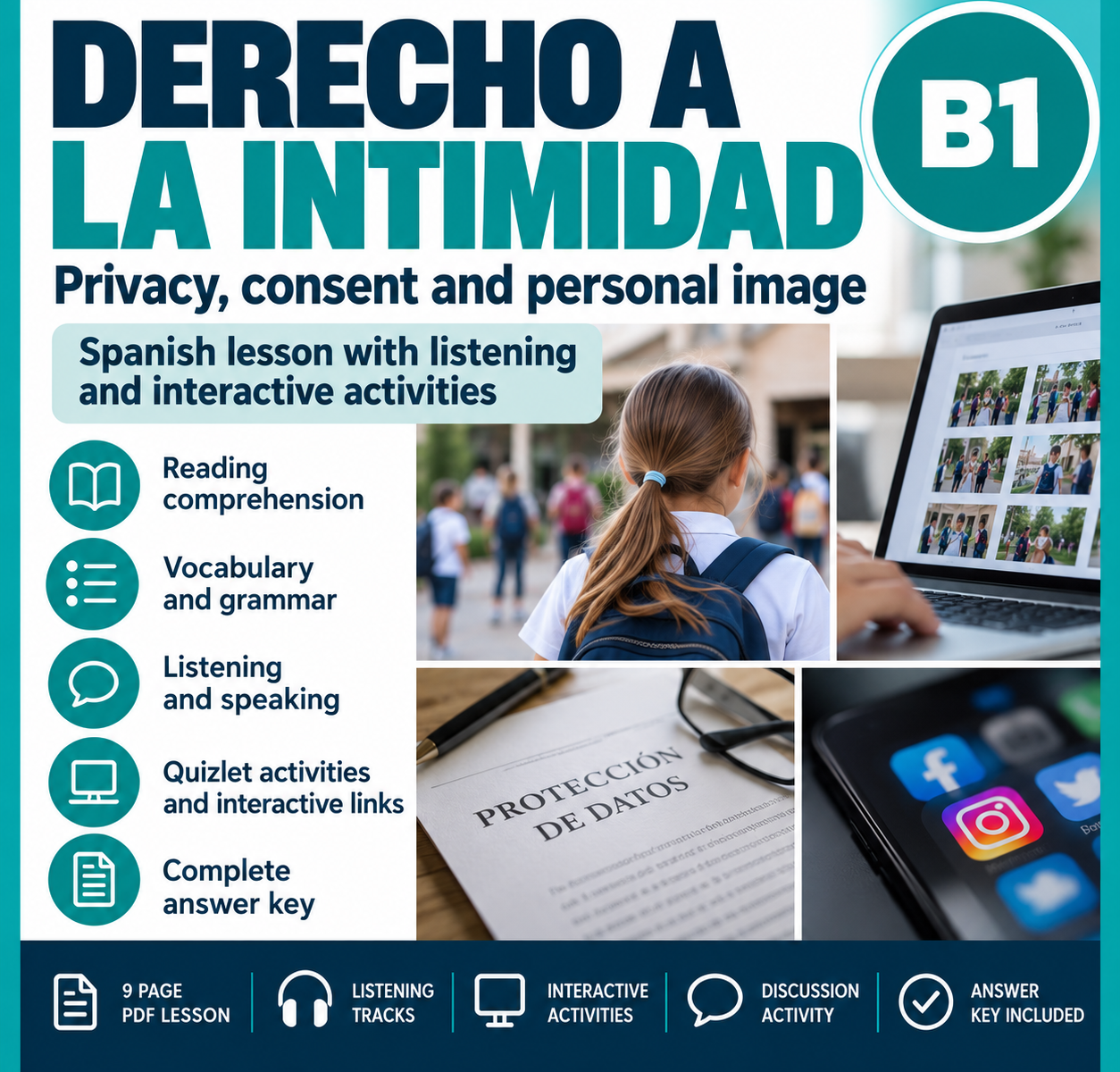 Derecho a la intimidad | Spanish B1 Lesson with Listening and Interactive Activities 1 Spanish Privacy Lesson Poster